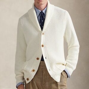 🌟POLO RALPH LAUREN🌟 SHAWL COLLAR COTTON LINEN CARDIGAN SWEATER WHITE SZ L